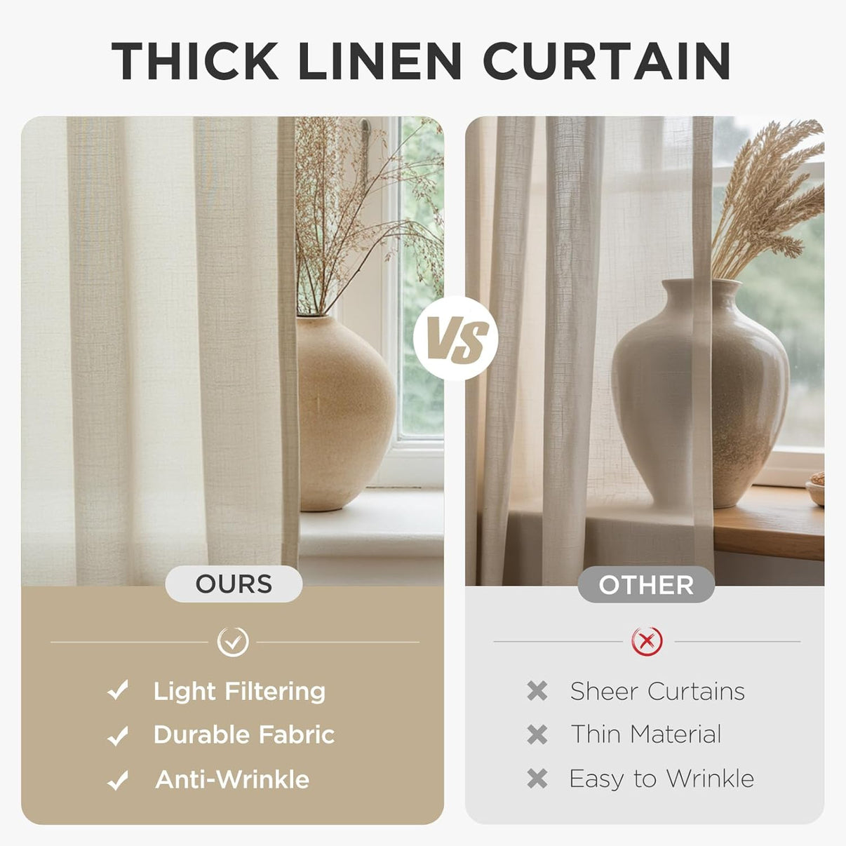Thick linen curtains vs. sheer curtains: light filtering, durable, anti-wrinkle.
