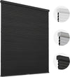 Black cordless blackout cellular shades with honeycomb structure, shown with close-up detail insets of headrail options.