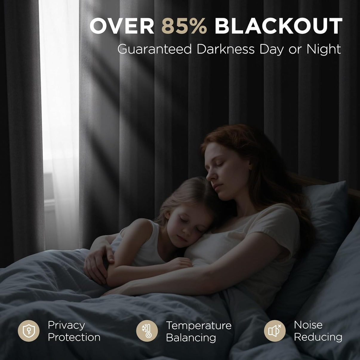 Dark grey blackout curtains guarantee 85% darkness for sleep, providing privacy, temperature balance, and noise reduction.