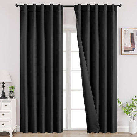 Joydeco 2 black blackout curtains, 96"L, thermal insulated rod pocket drapes for bedroom, living room window.
