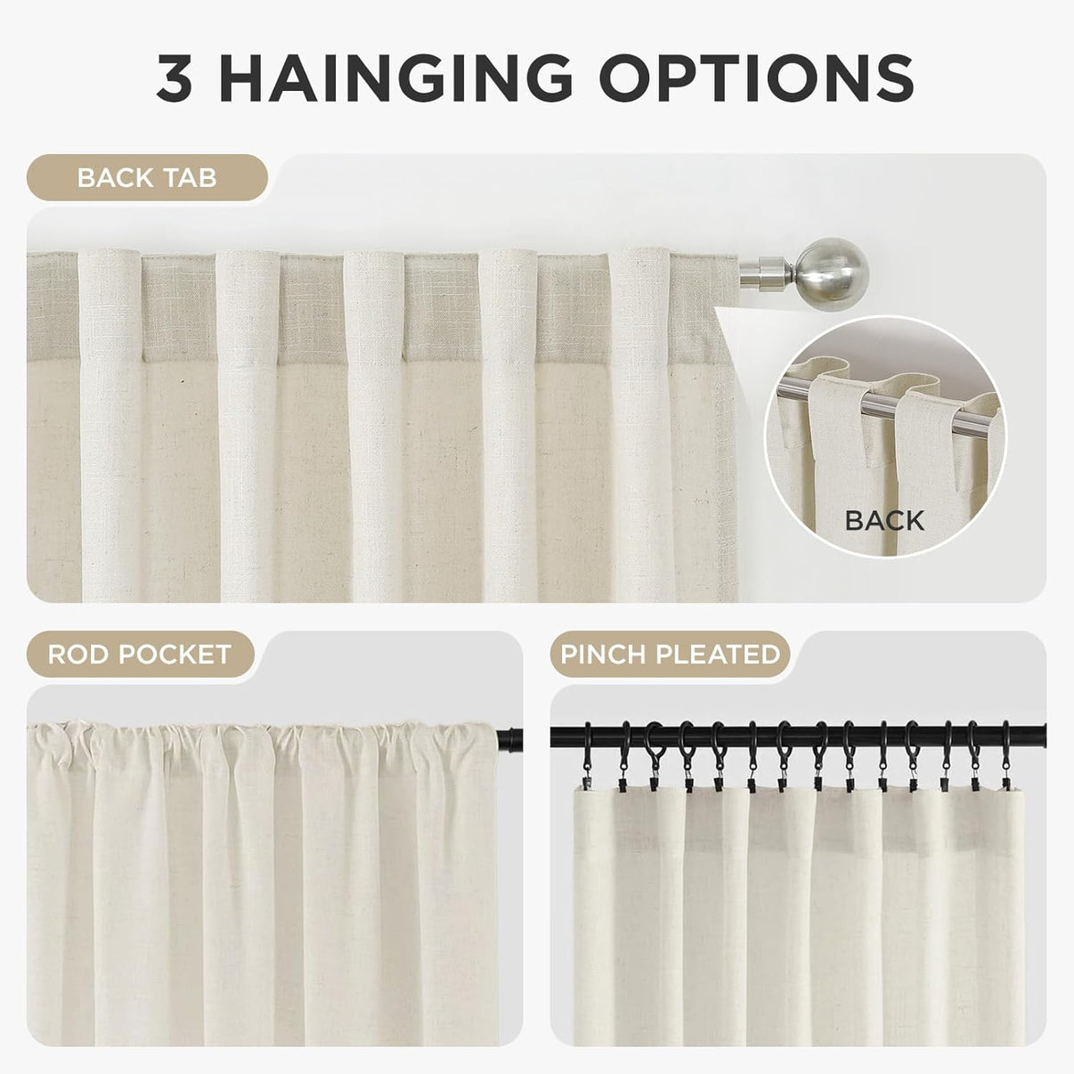 Joydeco ivory linen curtains: 3 hanging options - back tab, rod pocket, pinch pleated.