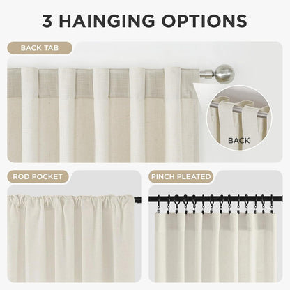 Joydeco ivory linen curtains showcase 3 hanging styles: back tab, rod pocket, and pinch pleated for versatile decor.