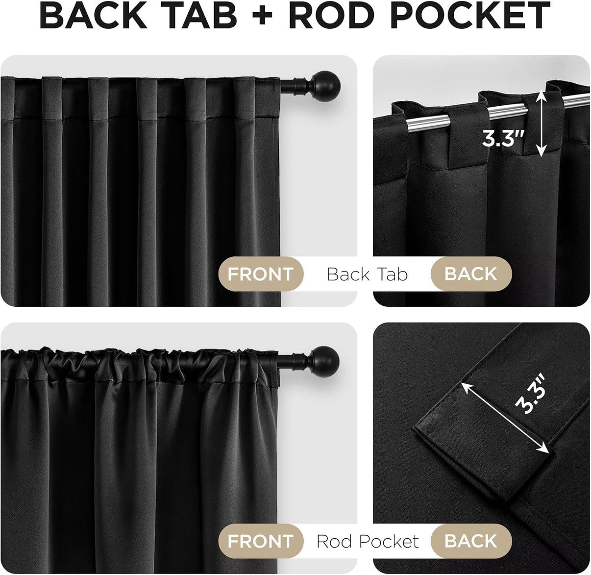 Blackout curtain hanging options: back tab and rod pocket, showing 3.3 inch measurements.
