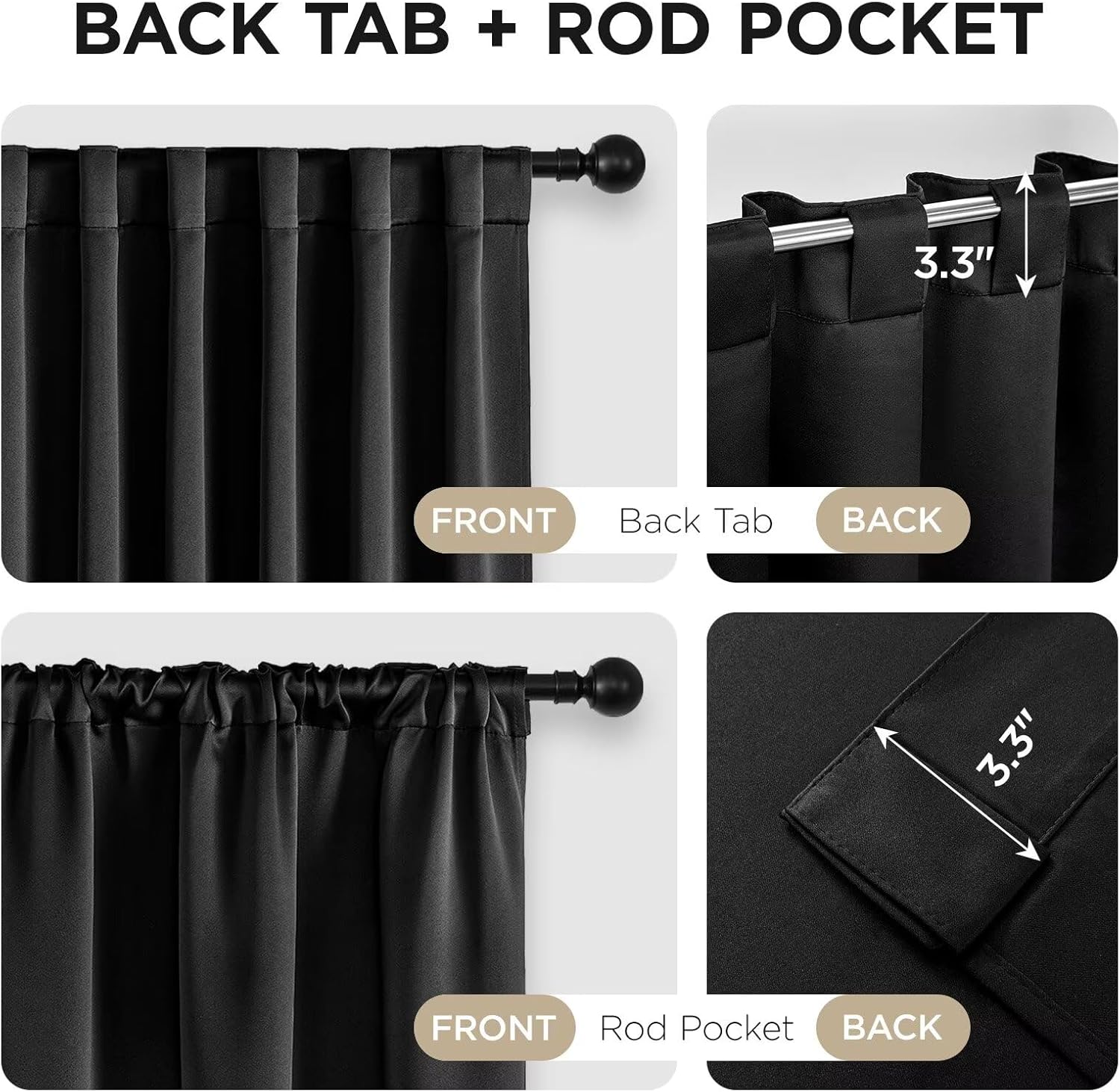 Blackout curtain hanging options: back tab and rod pocket, showing 3.3 inch measurements.