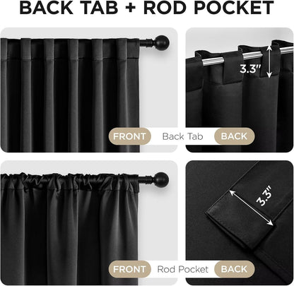Blackout curtain hanging options: back tab and rod pocket, showing 3.3 inch measurements.