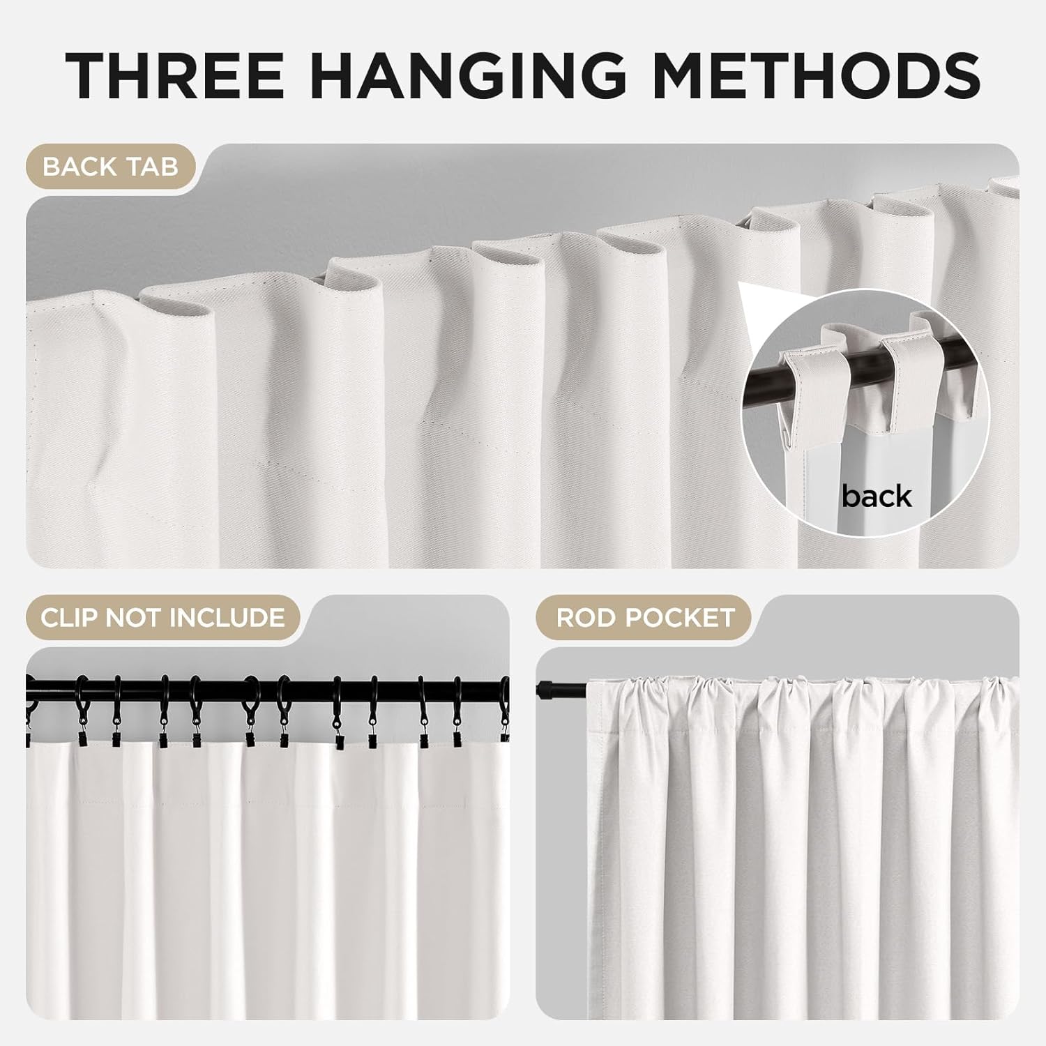Joydeco white blackout curtains demonstrate back tab, rod pocket, and clip ring hanging methods.