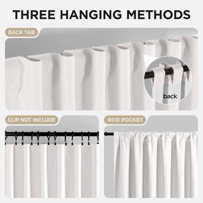 Joydeco white blackout curtains demonstrate back tab, rod pocket, and clip ring hanging methods.