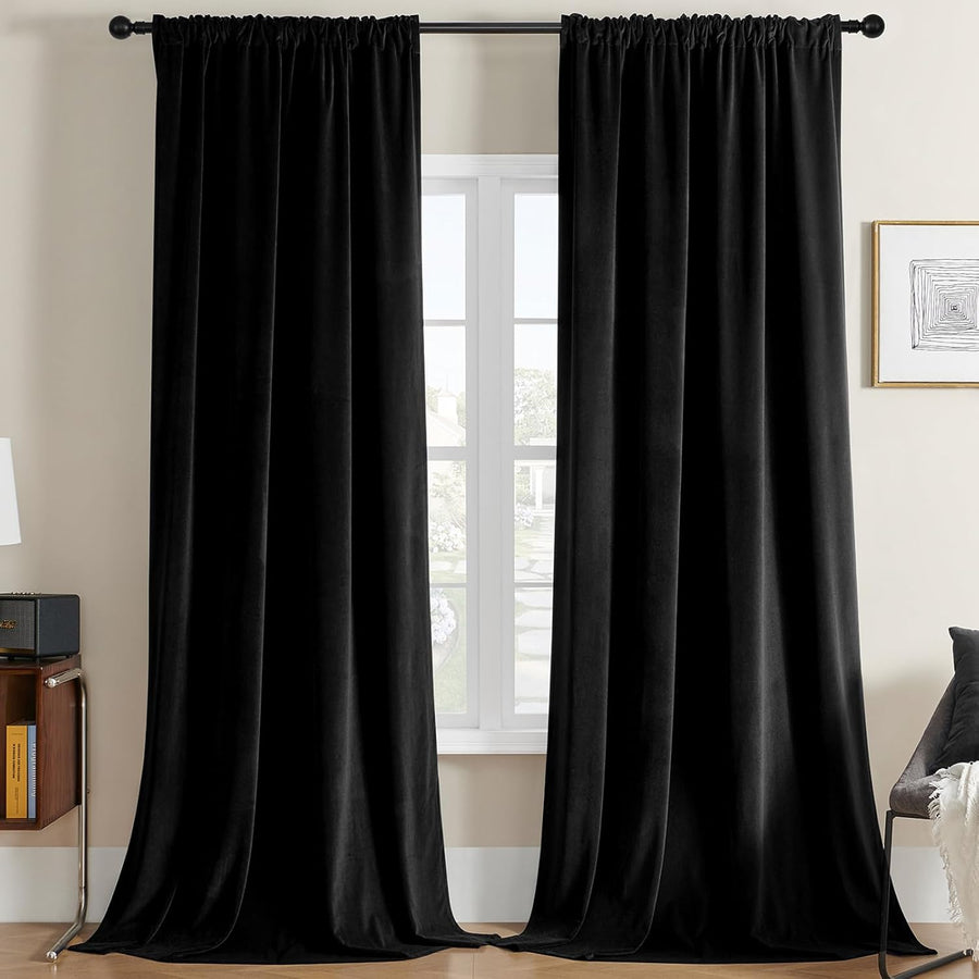 Two black velvet curtains, 72 inch length, showcasing plush texture and rod pocket design for room darkening and insulation.