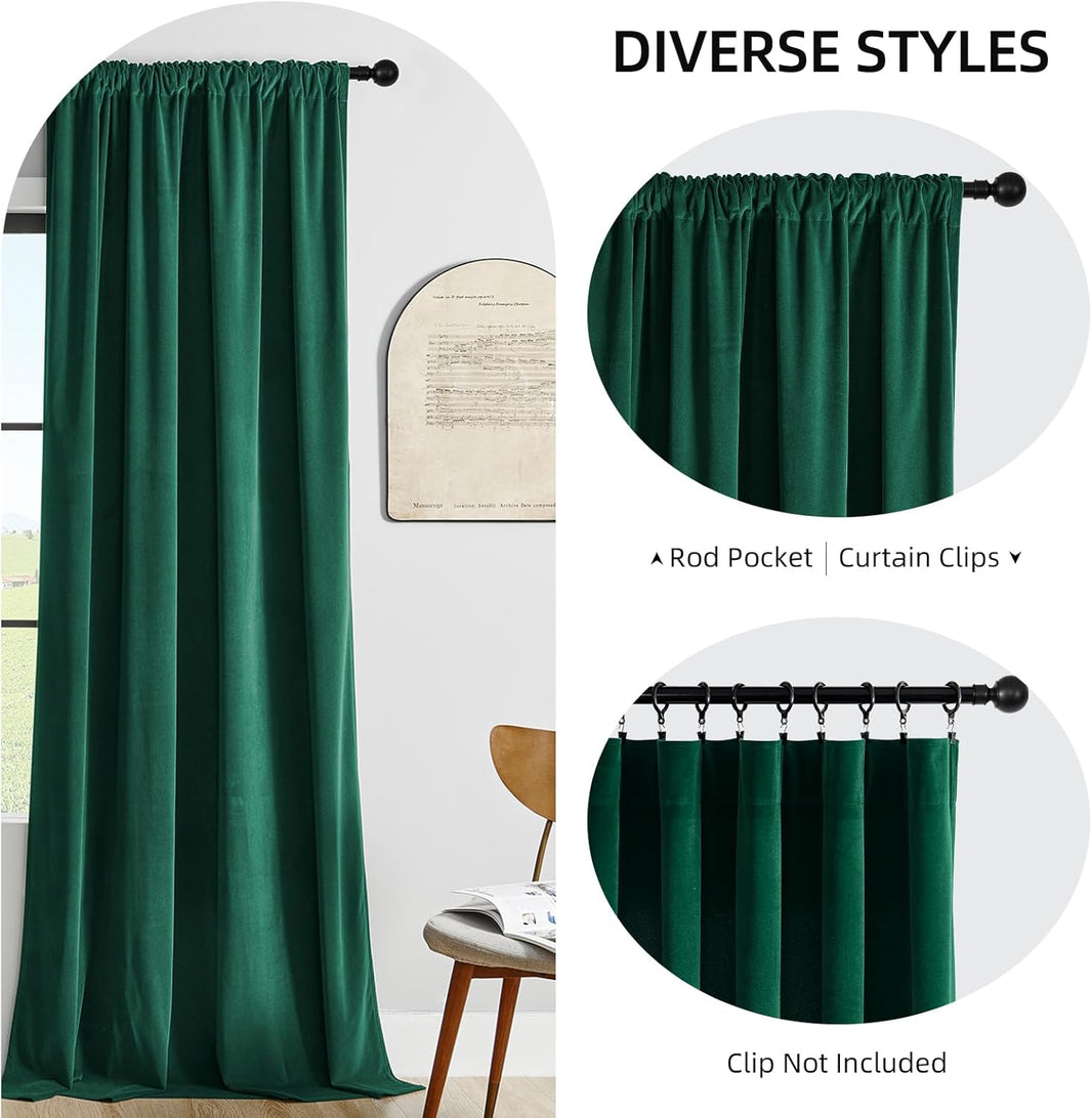Dark green velvet curtains shown with rod pocket and clip-on hanging options for diverse styles.