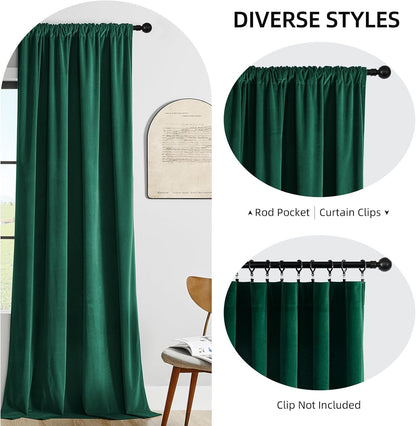 Dark green velvet curtains shown with rod pocket and clip-on hanging options for diverse styles.
