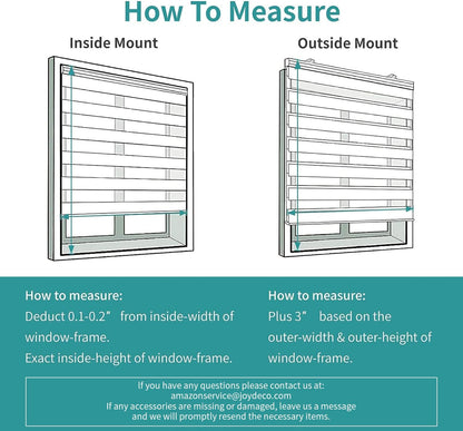 Diagram: Measure Joydeco cordless zebra blinds inside mount (deduct 0.1-0.2") & outside mount (add 3").
