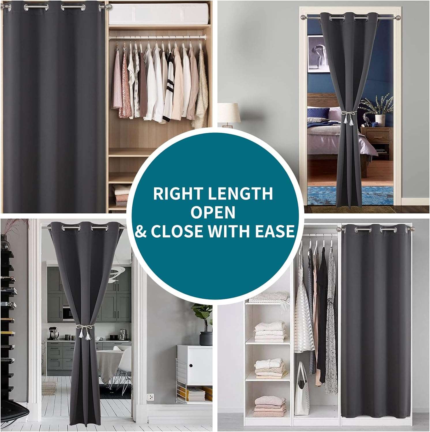 Collage of dark gray grommet blackout curtains, extra-wide closet & room partition for doorways, easy use.