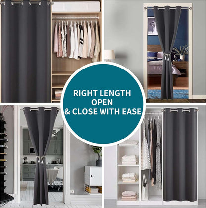 Collage of dark gray grommet blackout curtains, extra-wide closet & room partition for doorways, easy use.