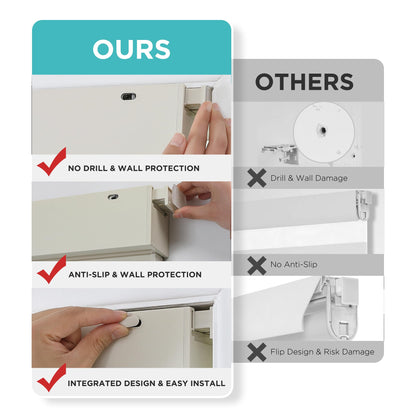 Our no-drill cordless zebra blinds compared to others: no drill, anti-slip, easy install vs drill damage, no anti-slip.