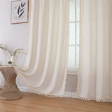 Beige Boho Linen Curtains with Tassels & Embroidery bottom, Joydeco