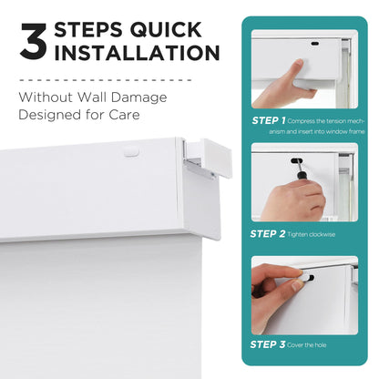 White cordless blackout roller shade installation: 3 quick steps, no tools, no wall damage. Easy tension mechanism mount.