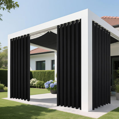 Black outdoor blackout grommet curtains on white pergola, defining a patio space, 100Wx84L panel.