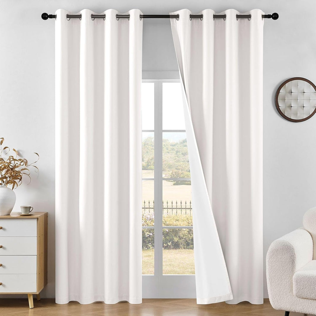 Joydeco white blackout curtains, 84 inch grommet top, thermal insulated, noise reducing drapes for bedroom and living room.