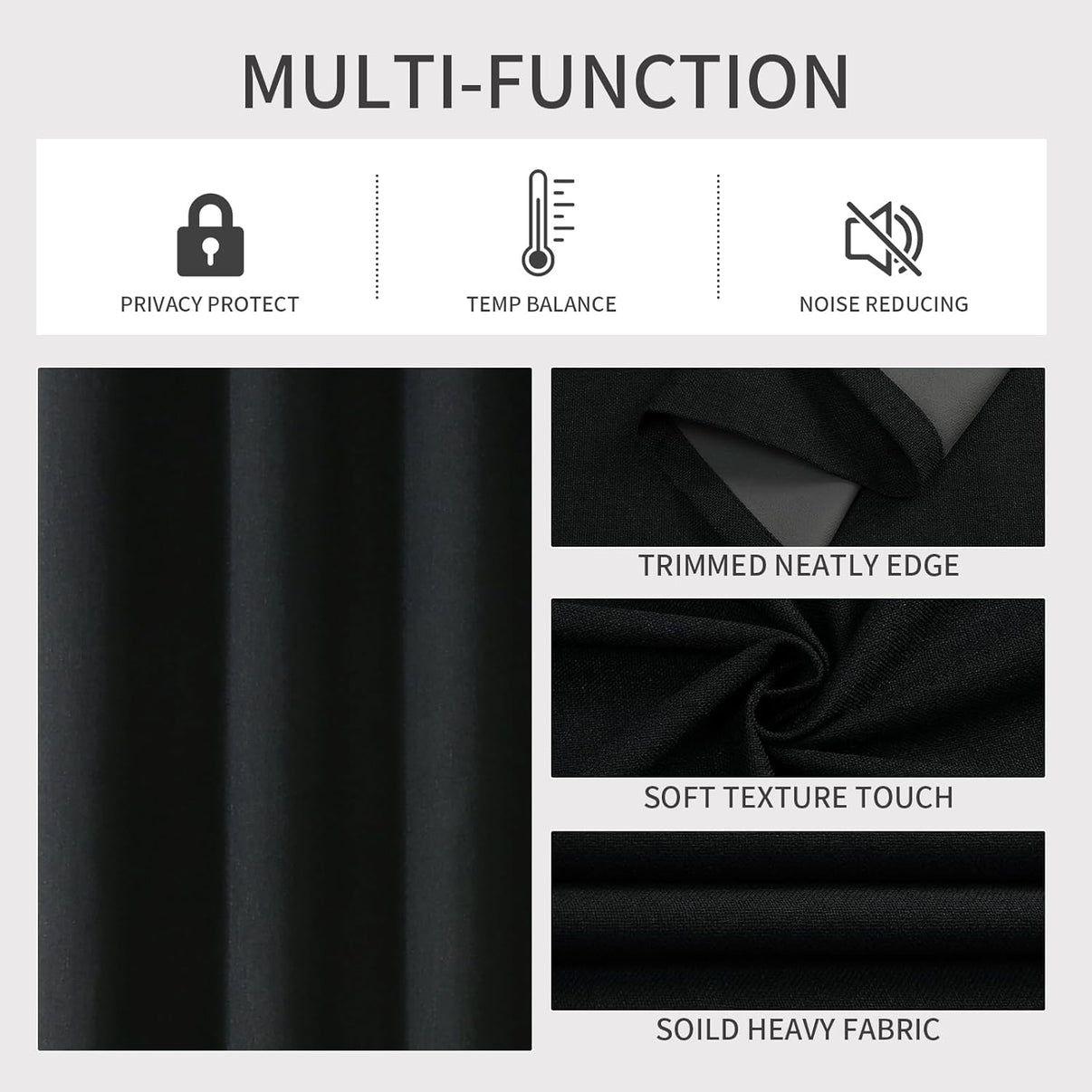 Black blackout curtains displaying key features: privacy, thermal, noise reduction, neat edge, soft texture, heavy fabric.