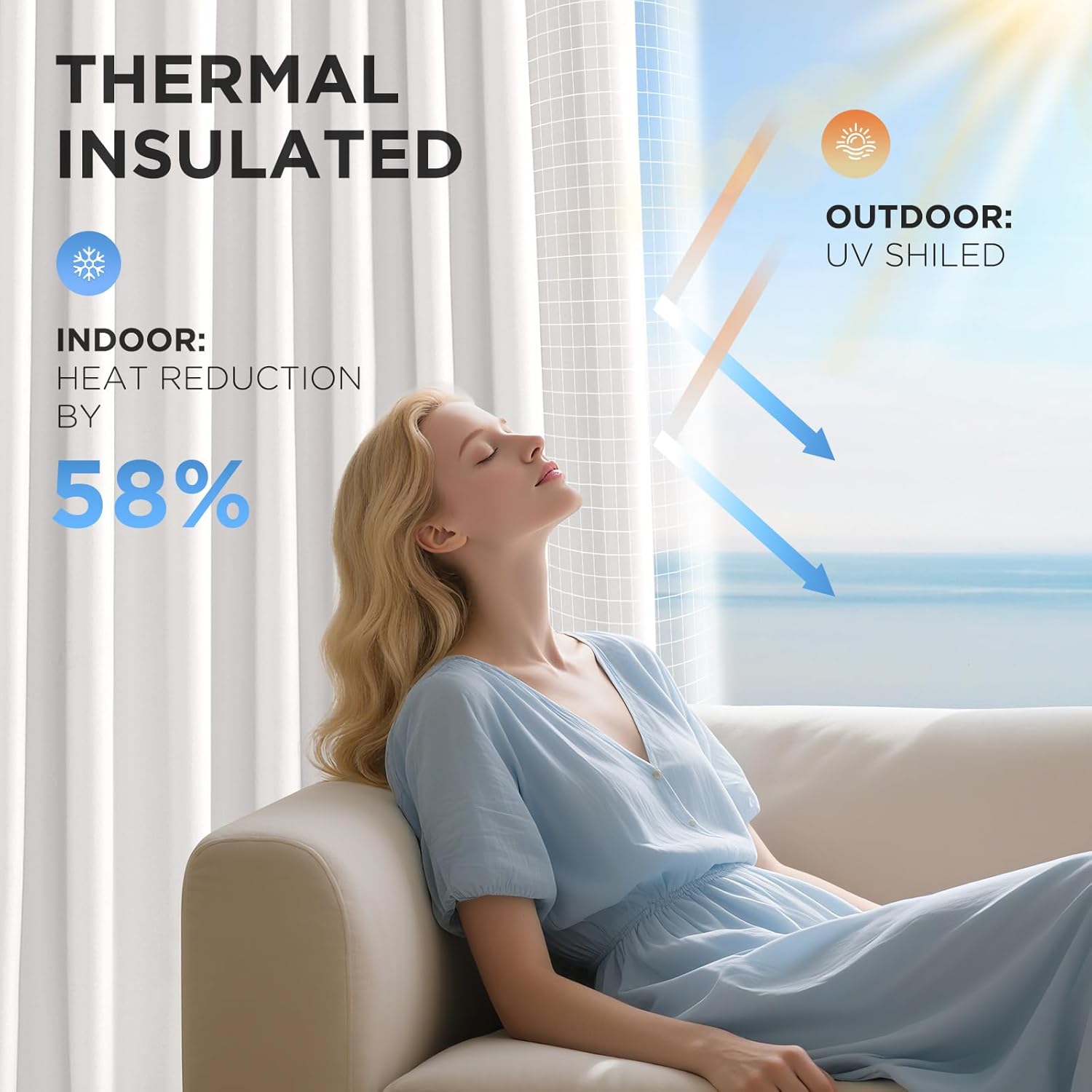 Joydeco white thermal insulated blackout curtains: 58% indoor heat reduction, UV protection, woman relaxing indoors.
