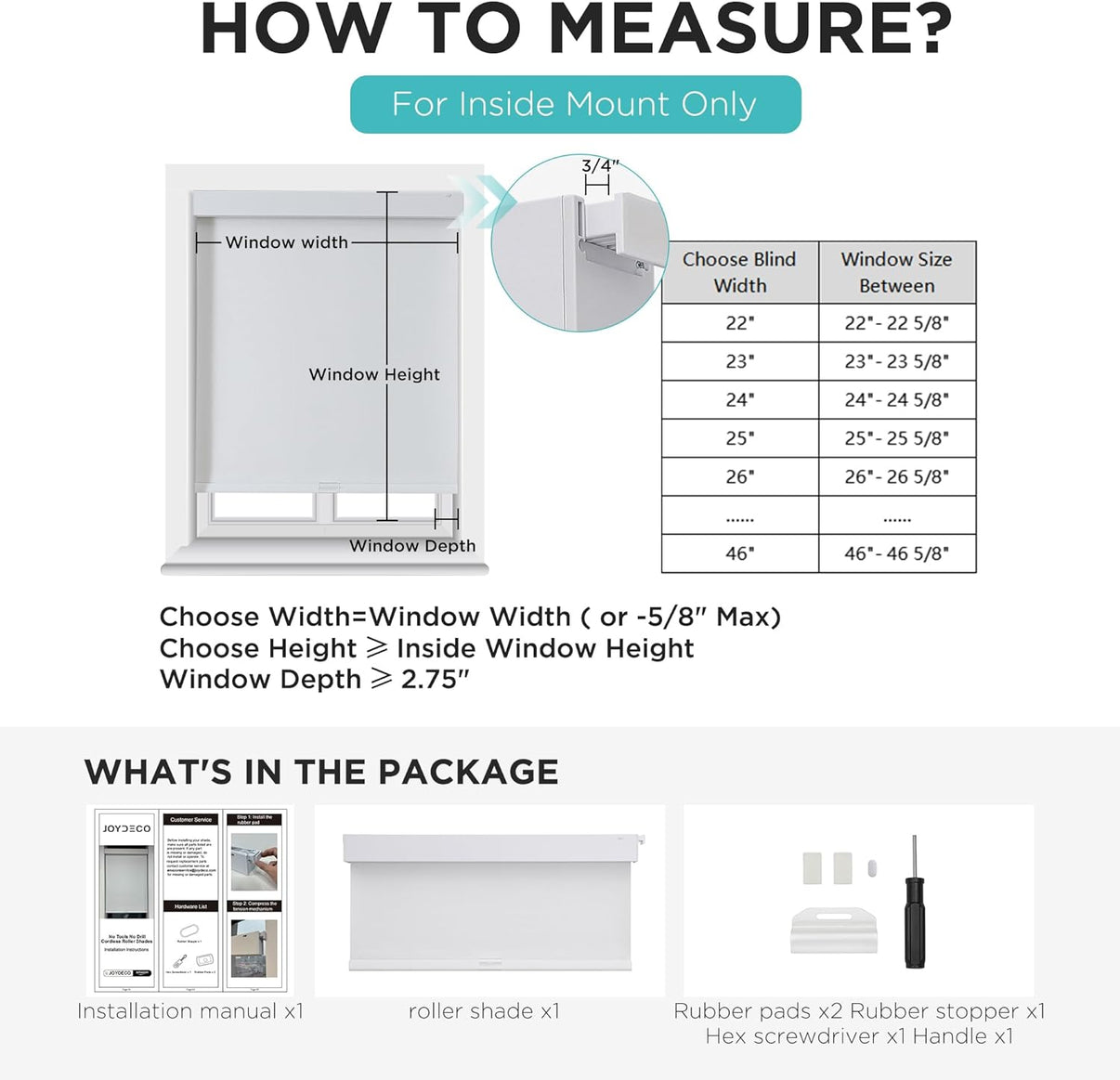 Diagram: measure inside mount roller shades for width, height, depth. Includes sizing chart.