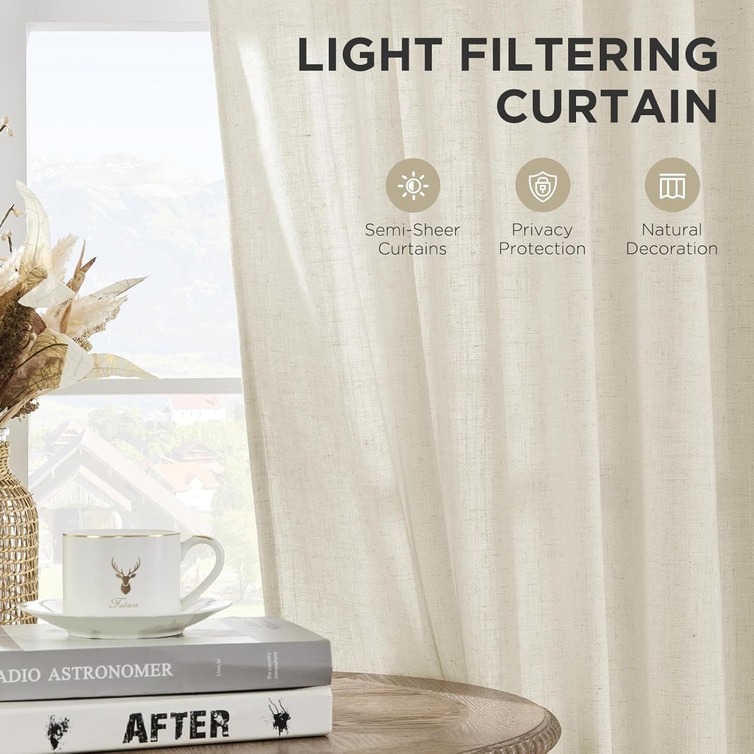 Ivory linen-blend light filtering curtains with textured weave offer semi-sheer privacy for living rooms.