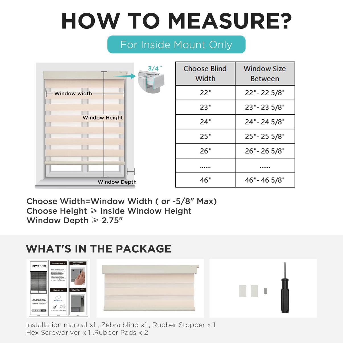 Diagram: How to measure for No Drill cordless zebra blinds (inside mount), with sizing chart.