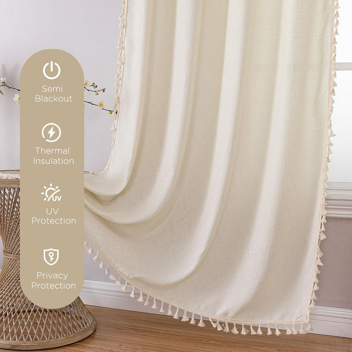 Beige boho curtain close-up: basket weave fabric, tassel trim, semi-blackout, thermal, UV, privacy features.