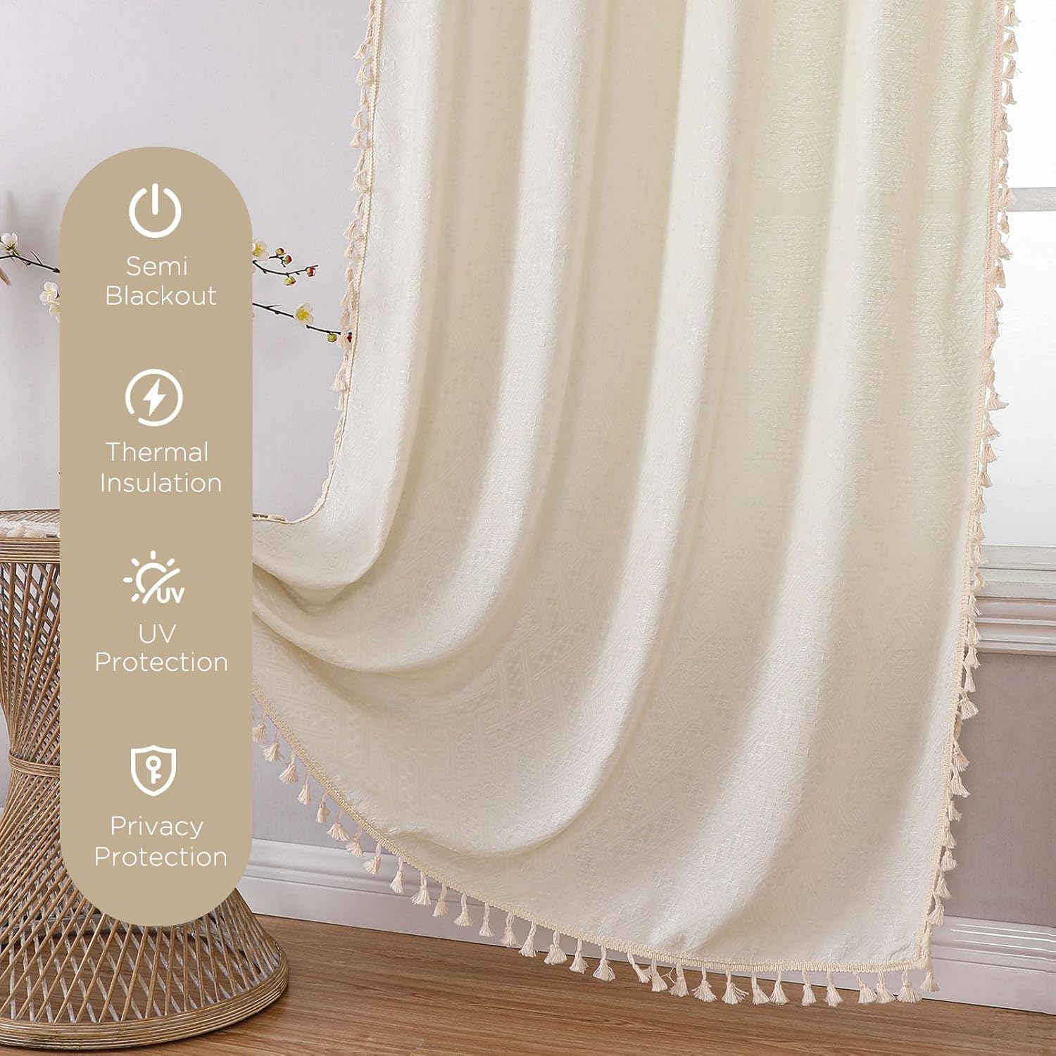 Beige boho curtain close-up: basket weave fabric, tassel trim, semi-blackout, thermal, UV, privacy features.