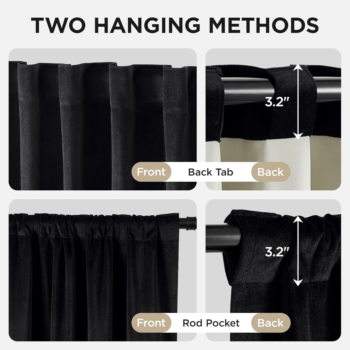 Joydeco black velvet blackout curtains: infographic showing rod pocket and back tab hanging options with 3.2-inch depth detail.