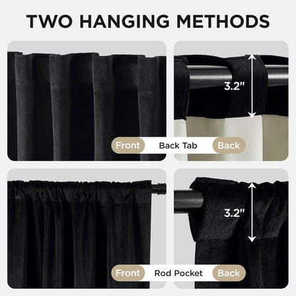 Joydeco black velvet blackout curtains: infographic showing rod pocket and back tab hanging options with 3.2-inch depth detail.