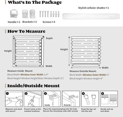 Joydeco Cellular Shades Cordless, Blackout Shades Cellular Blinds for Indoor Windows, Blackout Blinds Honeycomb Blinds Window Shades for Thermal Insulated Noise Reduction (Grey, 25" W x 48" H)