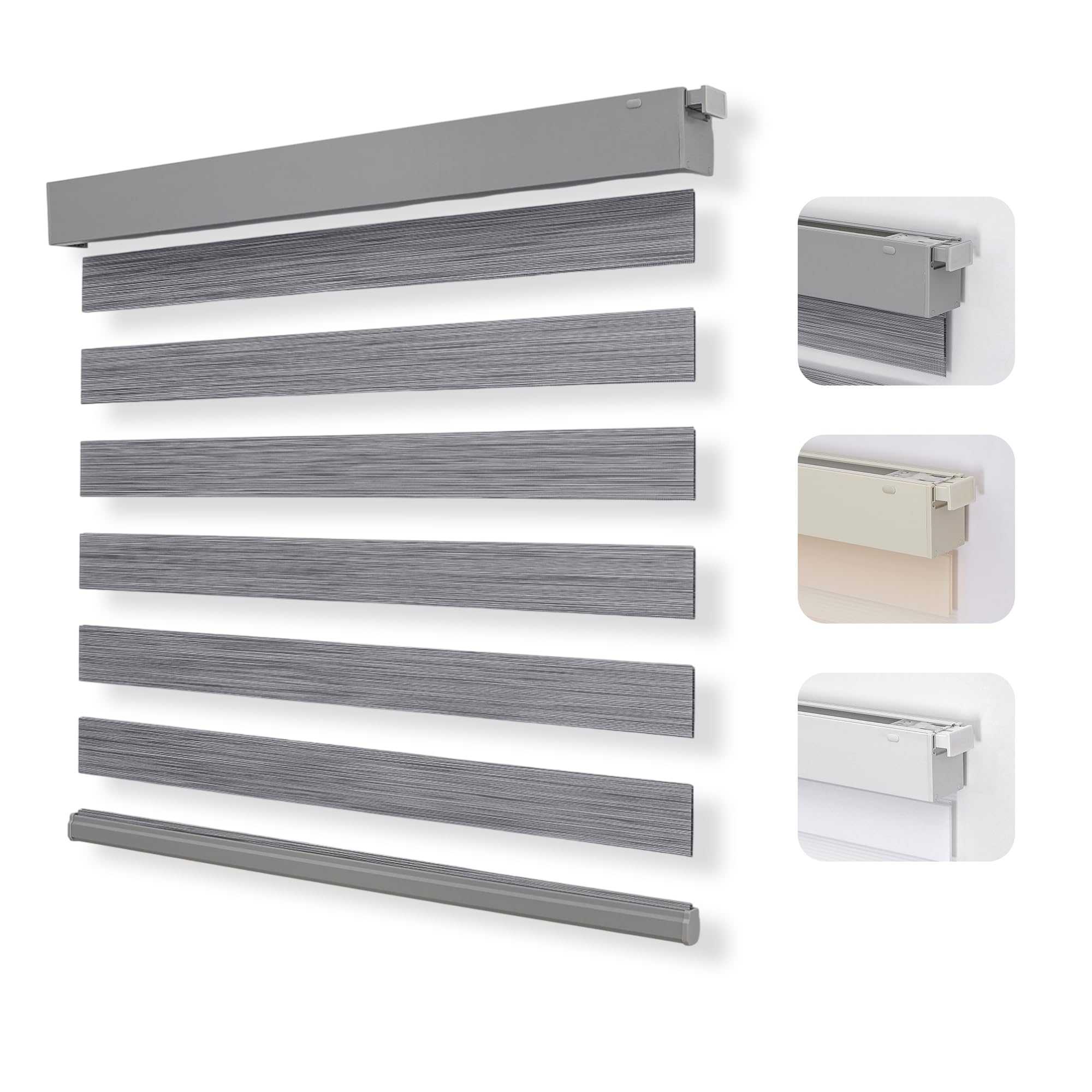 Gray cordless zebra blinds with no-drill mounting hardware shown in gray, beige, and white finishes.