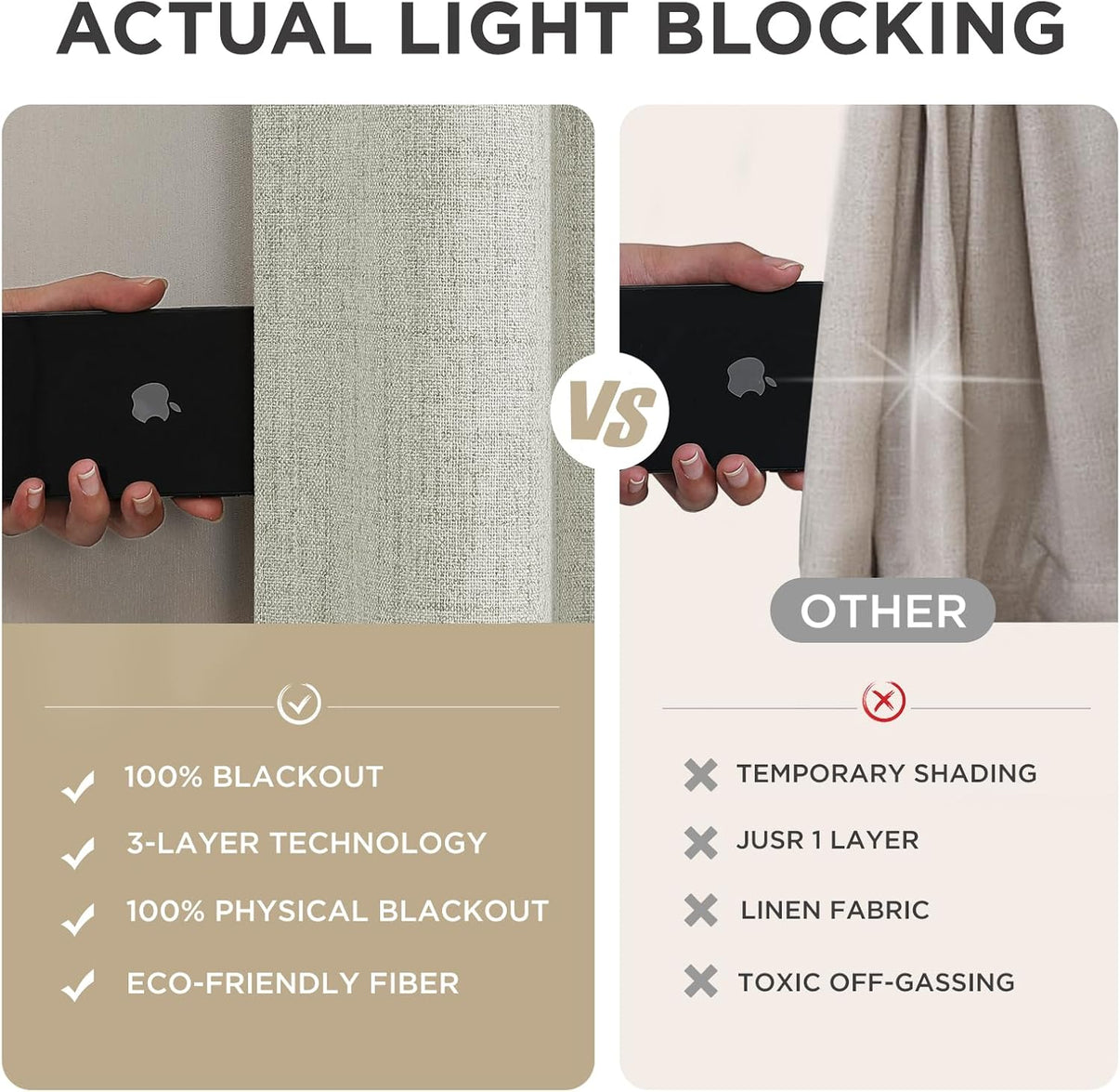 Joydeco light beige linen curtains demonstrate 100% blackout vs. other brand's temporary shading. 3-layer tech.