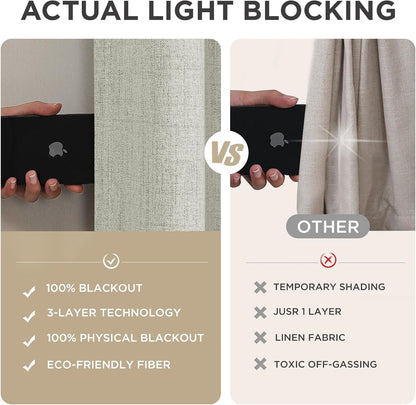 Joydeco light beige linen curtains demonstrate 100% blackout vs. other brand's temporary shading. 3-layer tech.