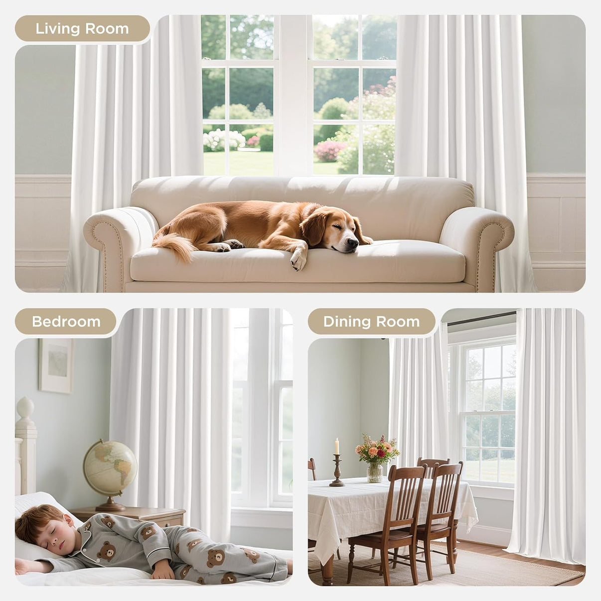 Joydeco white linen blackout curtains 96 inches shown in living room, bedroom and dining room settings for versatile use.