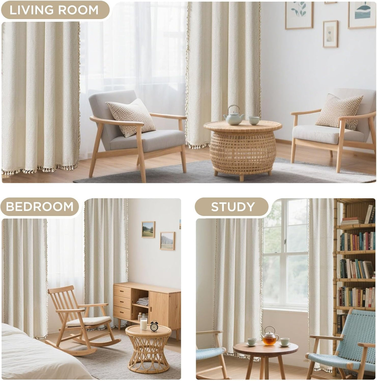 Joydeco beige boho curtains in living room, bedroom, study settings. Semi-sheer fabric with tassels & basket weave.