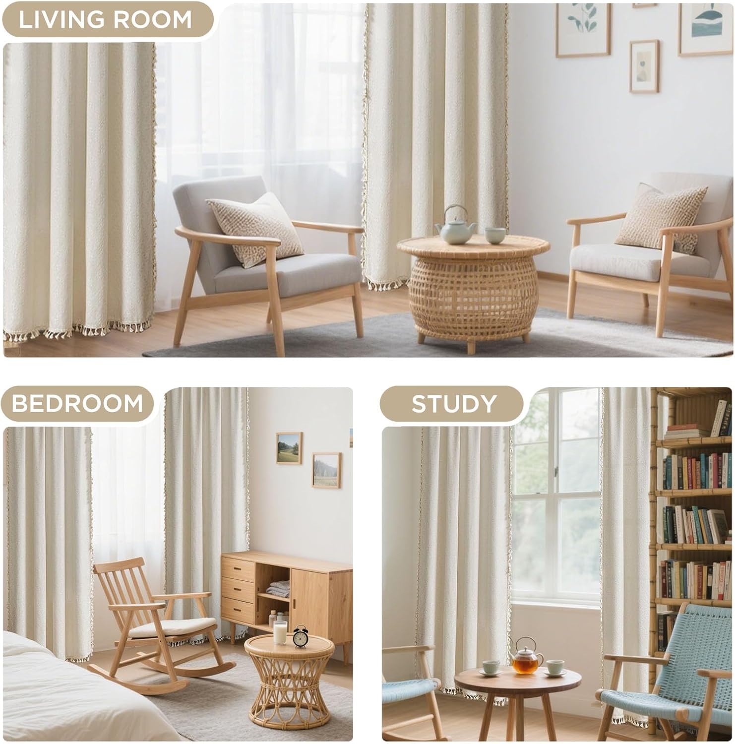 Joydeco beige boho curtains in living room, bedroom, study settings. Semi-sheer fabric with tassels & basket weave.