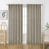 Taupe velourette chenille blackout curtains with grommet tops, plush texture and folds in modern room.