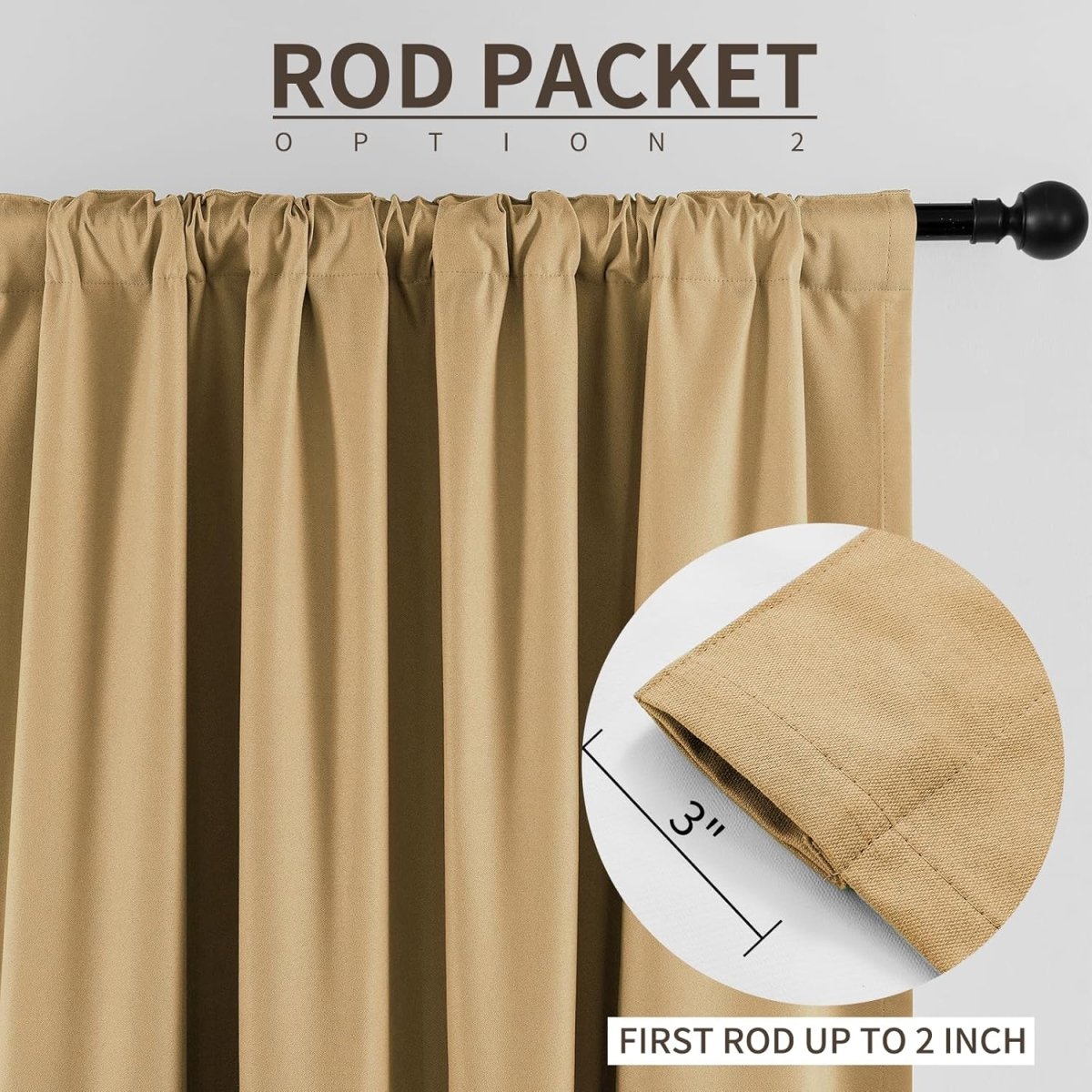 Joydeco dark beige blackout curtains showcasing rod pocket hanging option, 3-inch depth, fits rods up to 2 inches.
