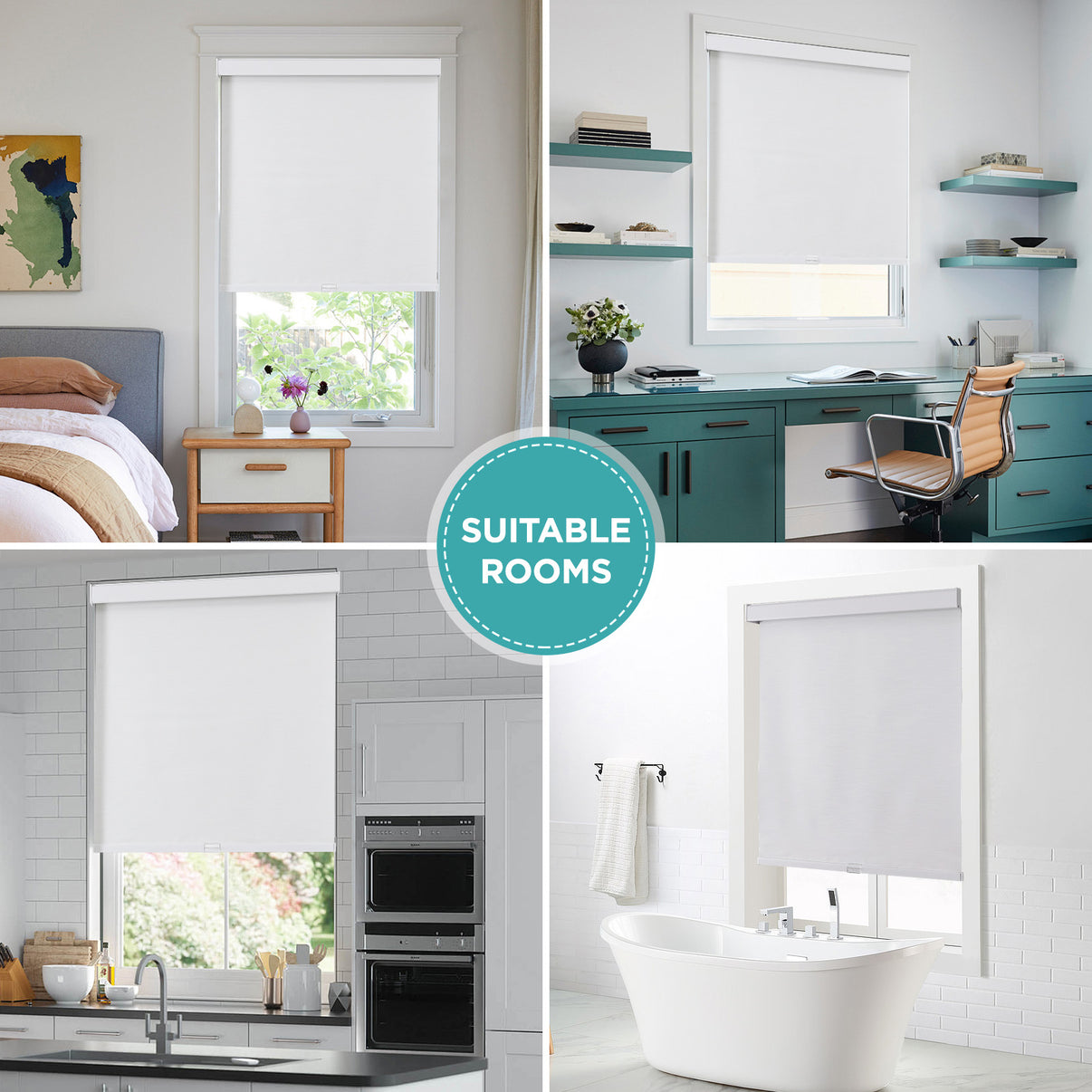 Collage of white Joydeco cordless blackout roller shades in bedroom, office, kitchen, and bathroom settings.