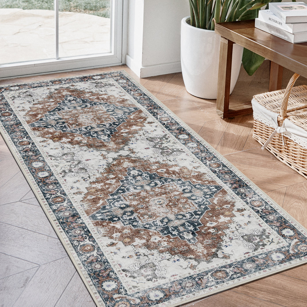 Alfombra de pasillo Joydeco antideslizante, lavable a máquina, estilo vintage, de pelo corto, ligera, con estampado de chenilla, para entrada, pasillo, dormitorio, cocina y pasillo. 