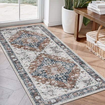 Joydeco Living Room Rug, Non Slip Machine Washable Vintage Runner Rug, Low Pile Lightweight Chenille Print Rugs for Entryway, Hallway, Bedroom, Kitchen and Corridor