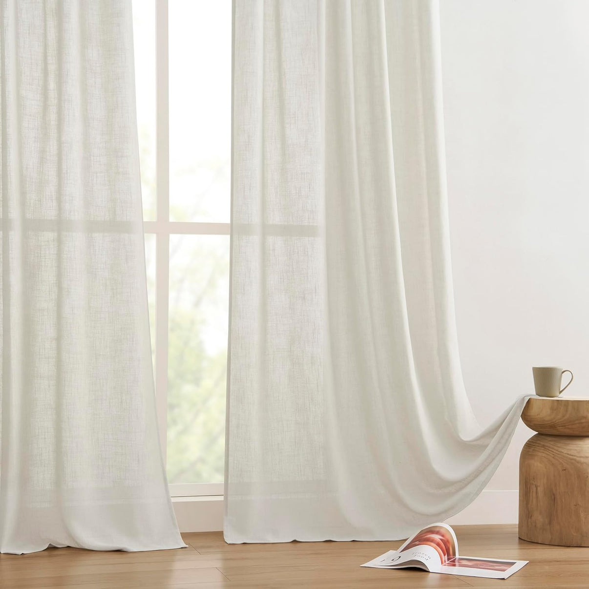 Joydeco natural white linen blend curtains, 84 inch light filtering drapes. Textured weave for bedroom/living room.