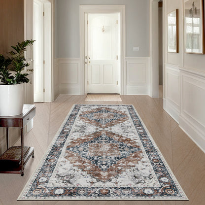 Joydeco Living Room Rug, Non Slip Machine Washable Vintage Runner Rug, Low Pile Lightweight Chenille Print Rugs for Entryway, Hallway, Bedroom, Kitchen and Corridor