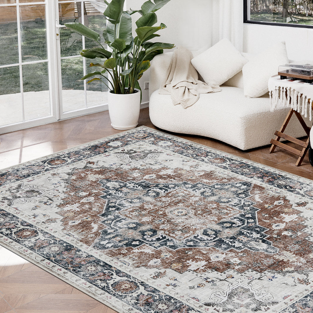 Joydeco Runner Rug Non Slip Machine Washable Vintage Rug, Low Pile Non Slip Chenille Print Rugs for Living Room, Entryway, Bedroom, Kitchen and Corridor, Bathroom