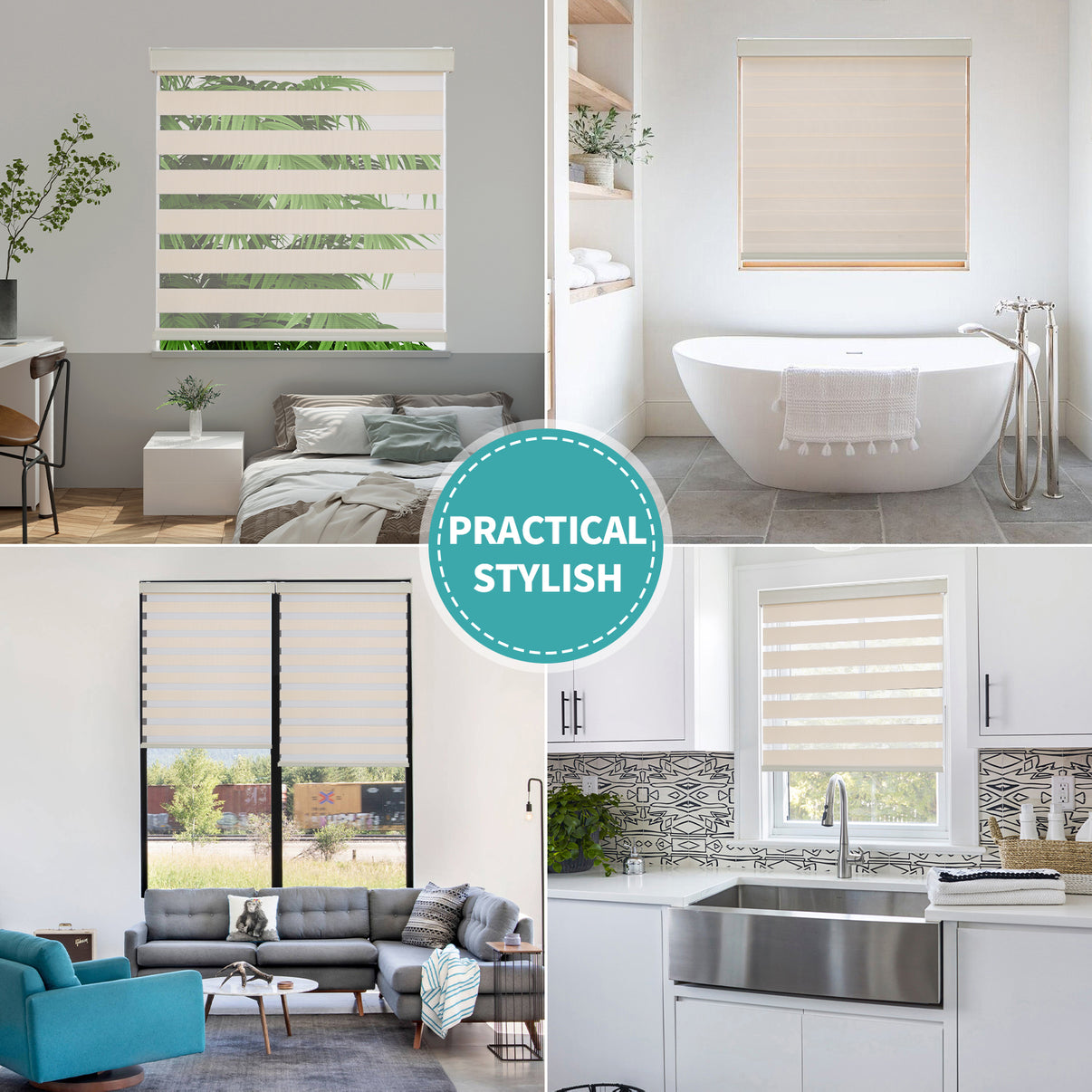 Collage of Joydeco beige and white cordless zebra blinds in bedroom, bathroom, living room, and kitchen.