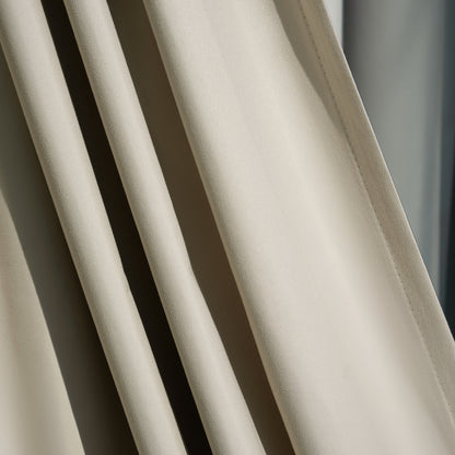Arden satin blackout curtain fabric in light beige, smooth lustrous texture and elegant drape.