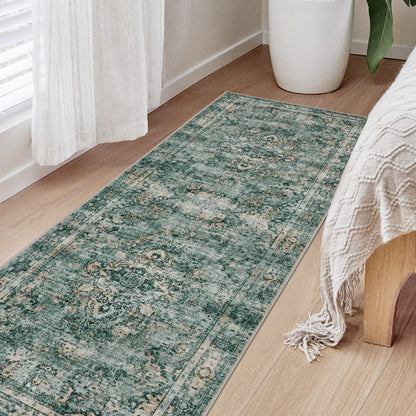 Joydeco teal distressed floral runner rug with low pile on light wood floor near bed and curtain.