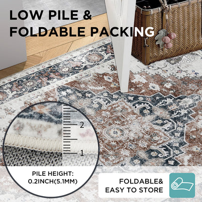 Joydeco Living Room Rug, Non Slip Machine Washable Vintage Runner Rug, Low Pile Lightweight Chenille Print Rugs for Entryway, Hallway, Bedroom, Kitchen and Corridor